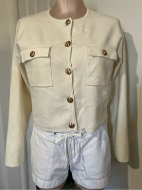 H&M Cream Cropped gold Button Front Blazer cardigan